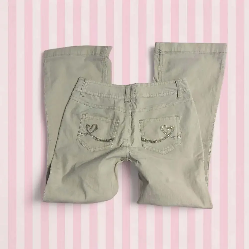 Justice Y2K Low Rise Flare Corduroy Pants with Rhinestone Heart Pockets